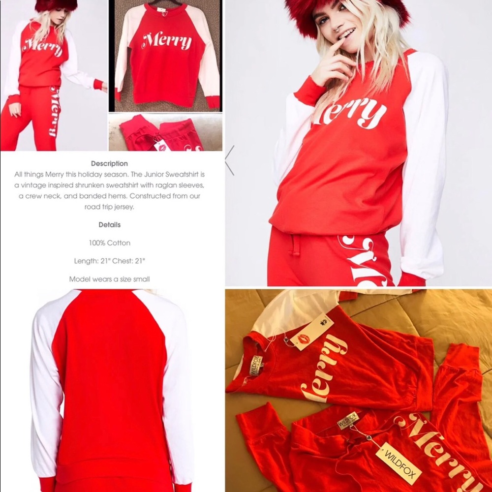 🦊 Wildfox MERRY Jogger Two Pc Set Red & White - Picture 7 of 8